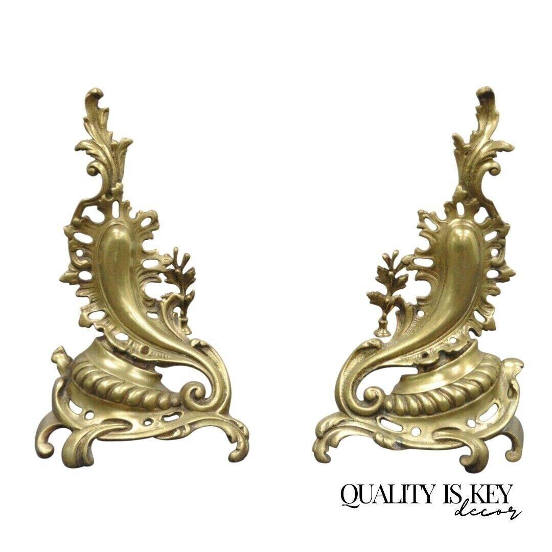 Antique French Louis XV Rococo Style Bronze Brass Acanthus Andirons - a Pair