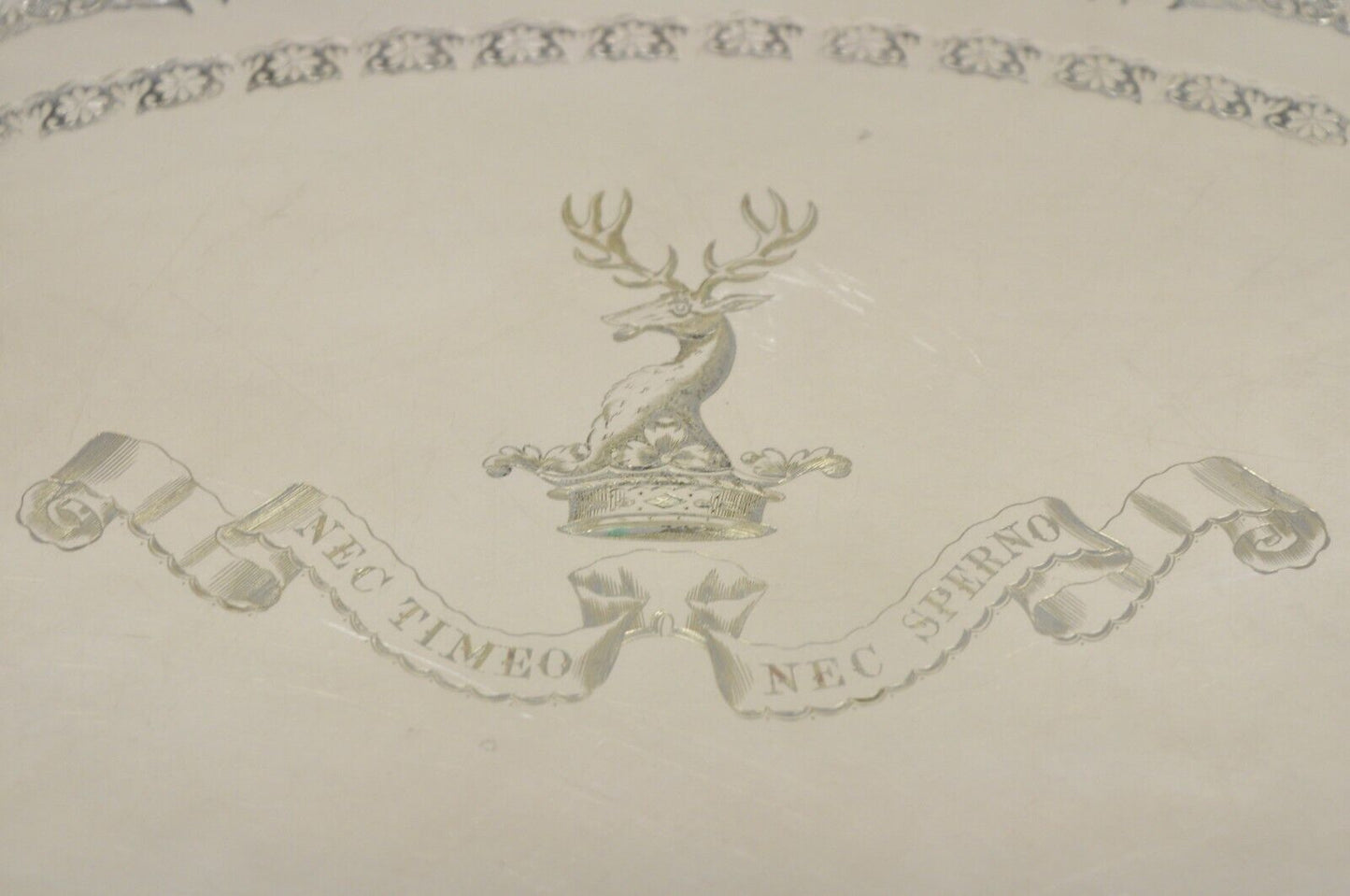Antique English Victorian Horned Deer Oval Platter Tray " Nec Timeo Nec Sperno"