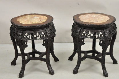 Chinese Carved Hardwood Marble Top Oriental Plant Stand Side Table - a Pair