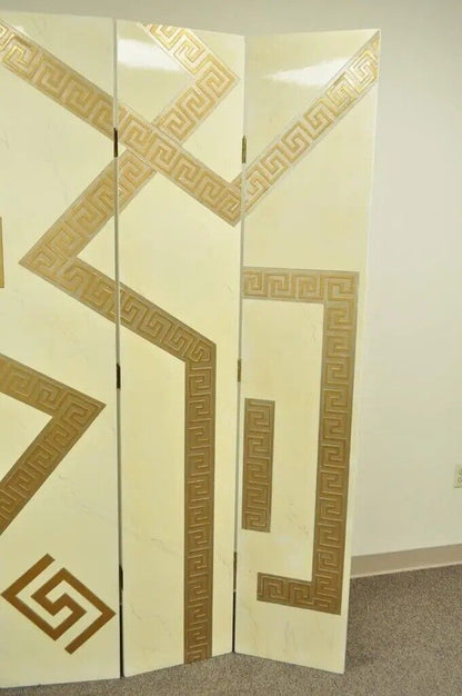 Artmax Hollywood Regency Style Greek Key 4 Panel Cream Gold Screen Room Divider