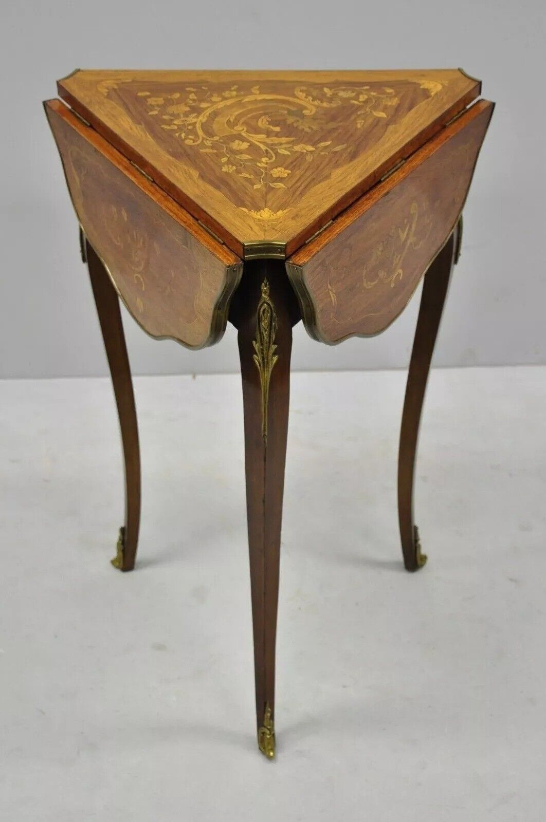 Antique French Louis XV Style Satinwood Inlay Bronze Ormolu Drop Leaf Side Table