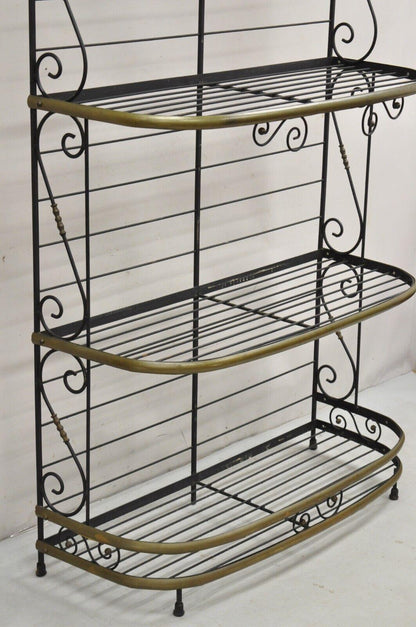 Vintage French Bakers Rack 3 Tier Scrolling Wrought Iron and Brass Etagere