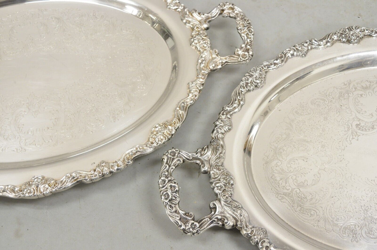 Vintage Sheridan Victorian Floral Repousse Silver Plated Oval Tray - a Pair