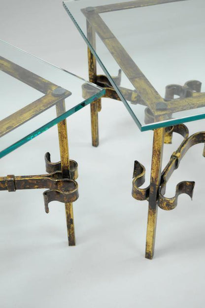 Pair Hollywood Regency Gold Gilt Iron Square Glass Top Brutalist Low End Tables