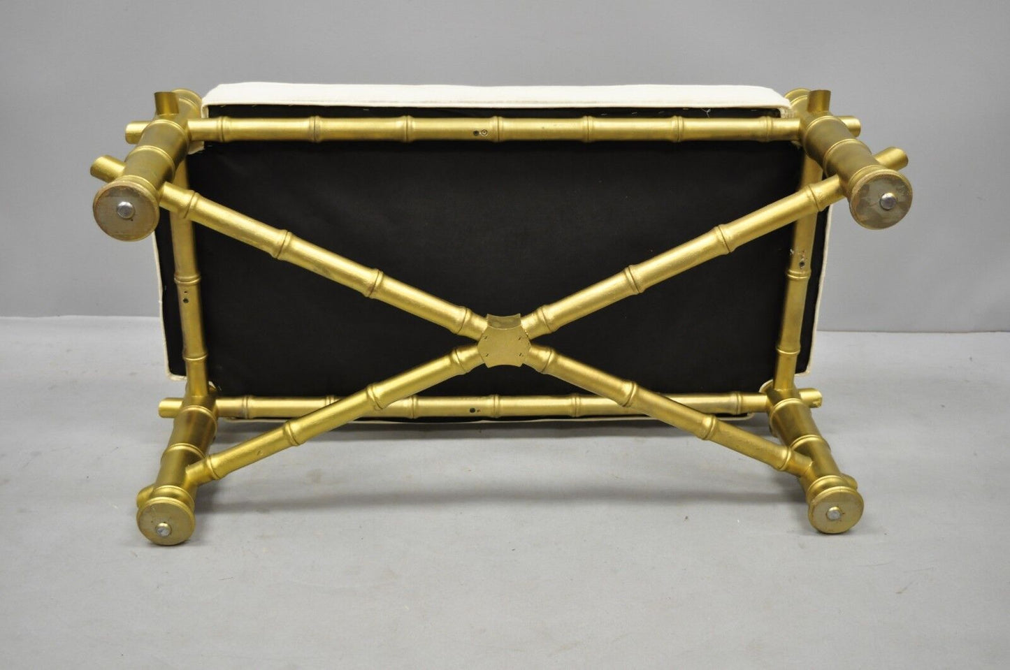 Vintage Hollywood Regency Gold Faux Bamboo Upholstered X-Frame Carved Wood Bench