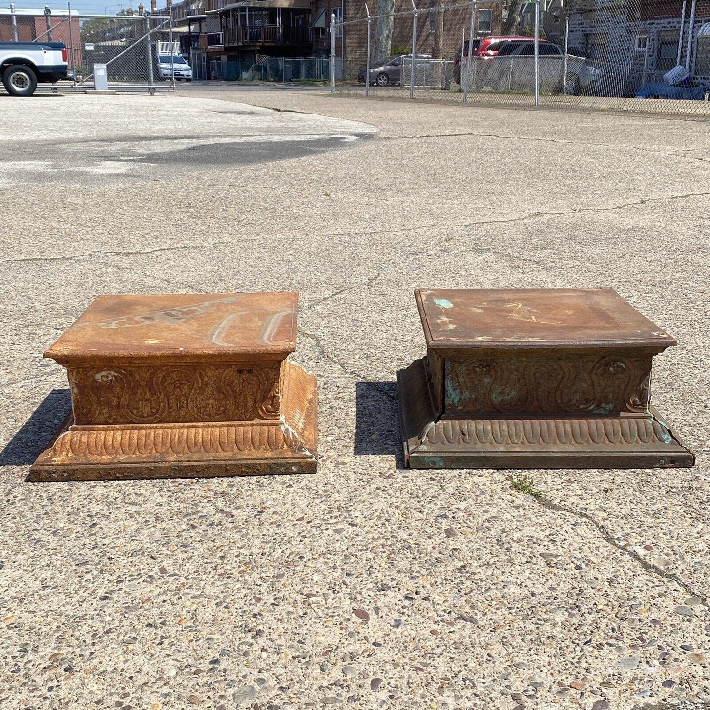 Vintage French Neoclassical Cast Iron Large Square Low Garden Pedestal Base Pair