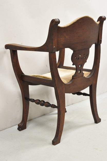 Antique Carved Oak Renaissance Revival Paw Foot Curule Throne Arm Chair