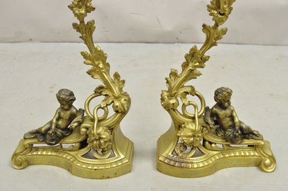 Antique French Louis XV Rococo Style Bronze Cherub Acanthus Leaf Andirons - Pair