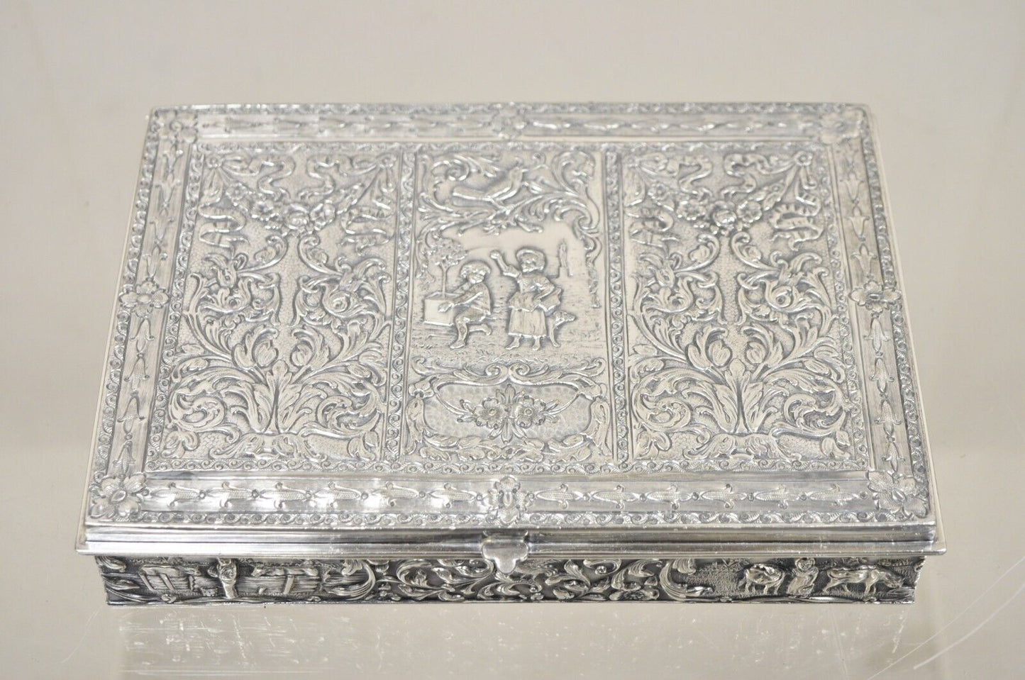 Vintage Dutch Country French Baroque Style Silver Plated Figural Jewelry Box