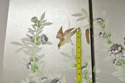 Vintage Chinoiserie Silver Leaf Birds Butterflies 4 Panel Screen Room Divider B