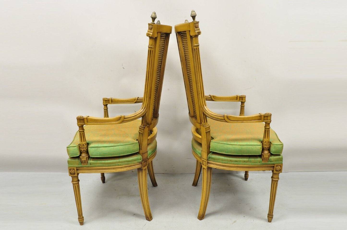 Vintage French Hollywood Regency Tall Cane Back Carved Link Chairs - a Pair