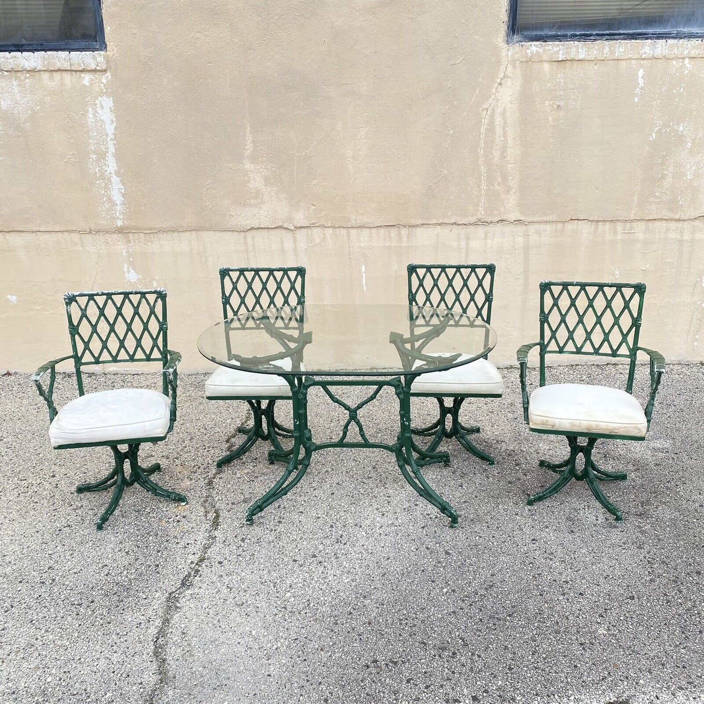 Vintage Hollywood Regency Faux Bamboo Lattice Metal Green Dining Set - 5 Pc Set