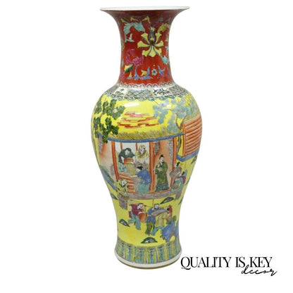 Vintage 36" Chinese Famille Rose Yellow Porcelain Urn Vase Temple Vessel Jar