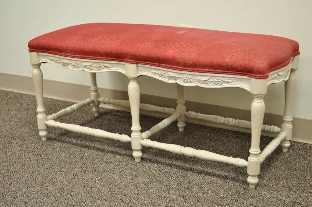 Vintage French Country Style White Carved Wood 6 Leg Upholstered Window Bench