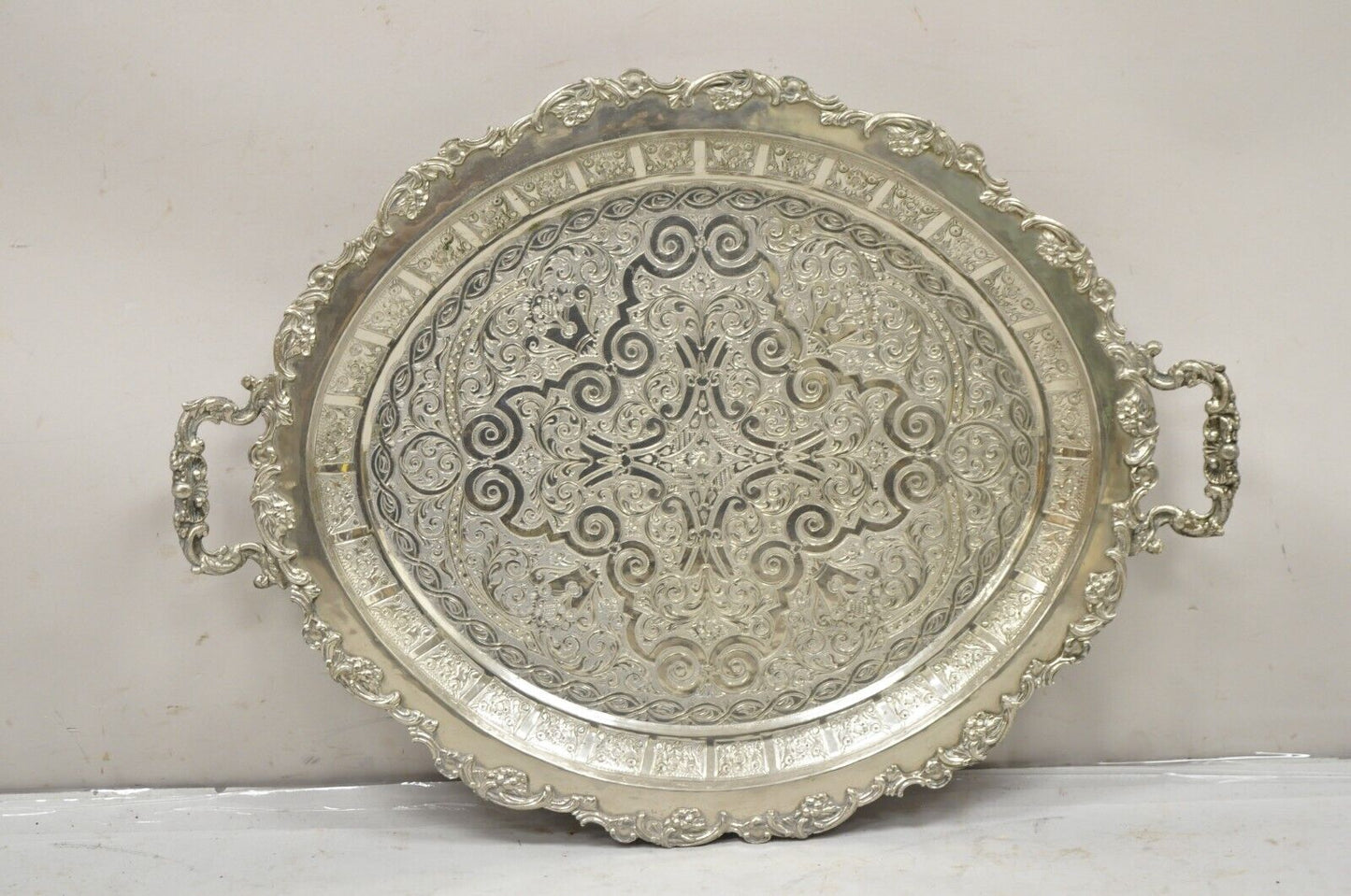 Large Victorian Style Oval Silver Plated Serving Platter Tray on Raised Feet