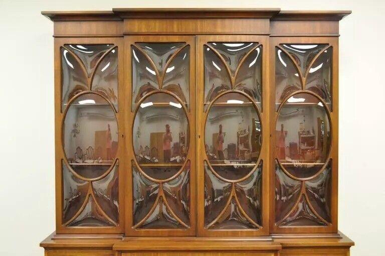 Georgian Style Mahogany Satinwood Inlay Breakfront Bookcase Bubble Glass Cabinet