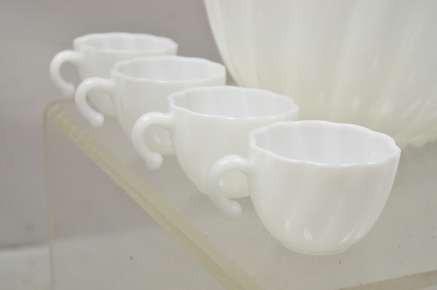 Hazel Atlas White Apline Swirl Punch Bowl Set 9 Hook Handle Cups - 10 pcs