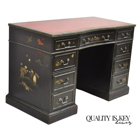 Vintage Chinoiserie Black Chinese Painted Red Leather Top Kneehole Writing Desk