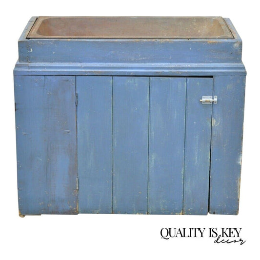 Antique Primitive Blue Distress Painted Cupboard Cabinet Vanity Cast Iron Sink