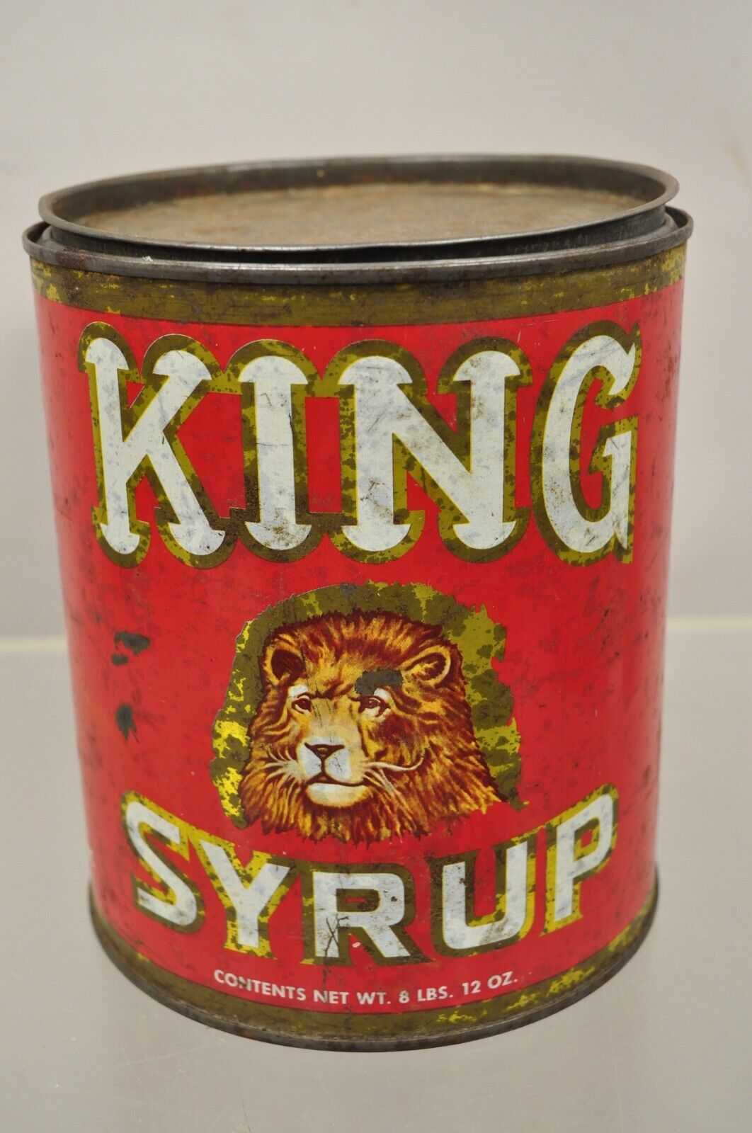 Vintage King Syrup Lion Head Tin Can Advertisement 8 lbs Mangels Herold (I)