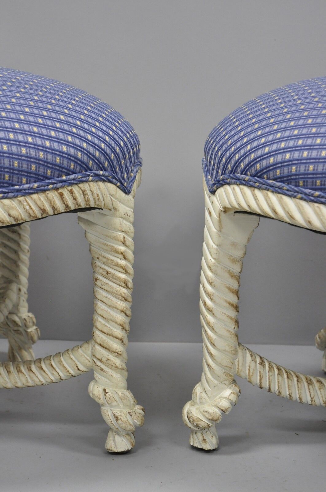 Vintage Napoleon III Style Hollywood Regency White Rope & Knot Stools - a Pair