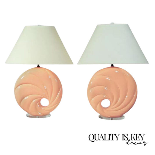 Hollywood Regency Pink Swirl Shell Form Ceramic Lucite Round Table Lamps - Pair