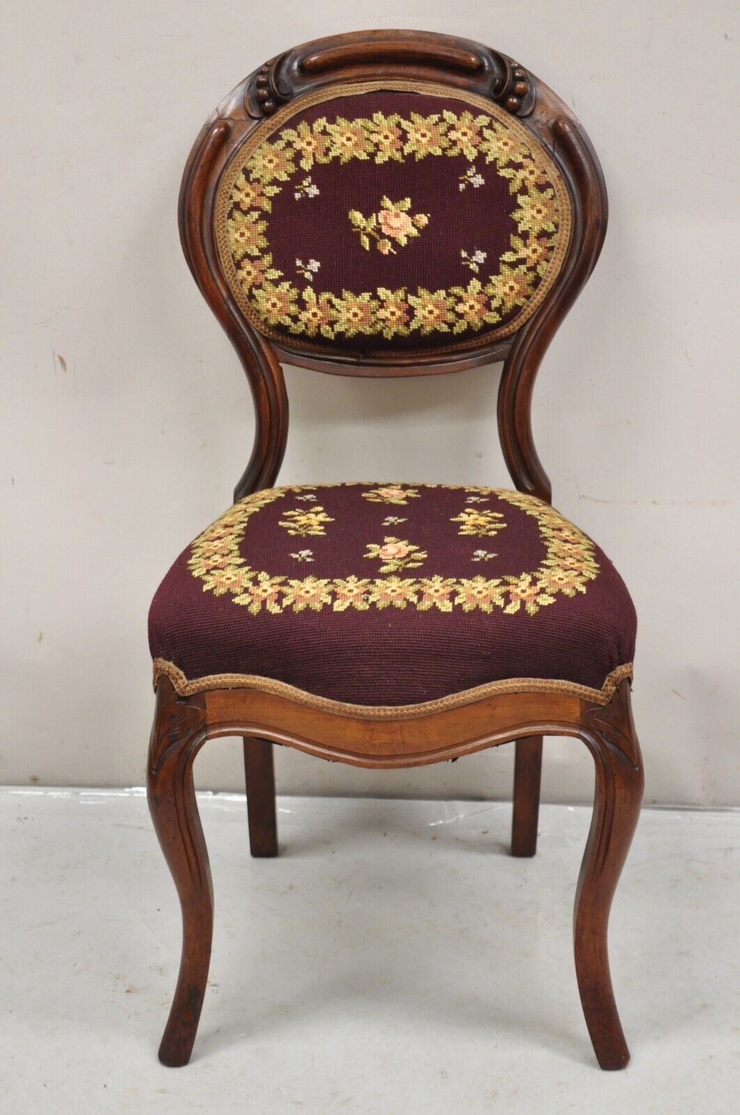 Victorian Burgundy Floral Needlepoint Carved Mahogany Balloon Back Side Chair