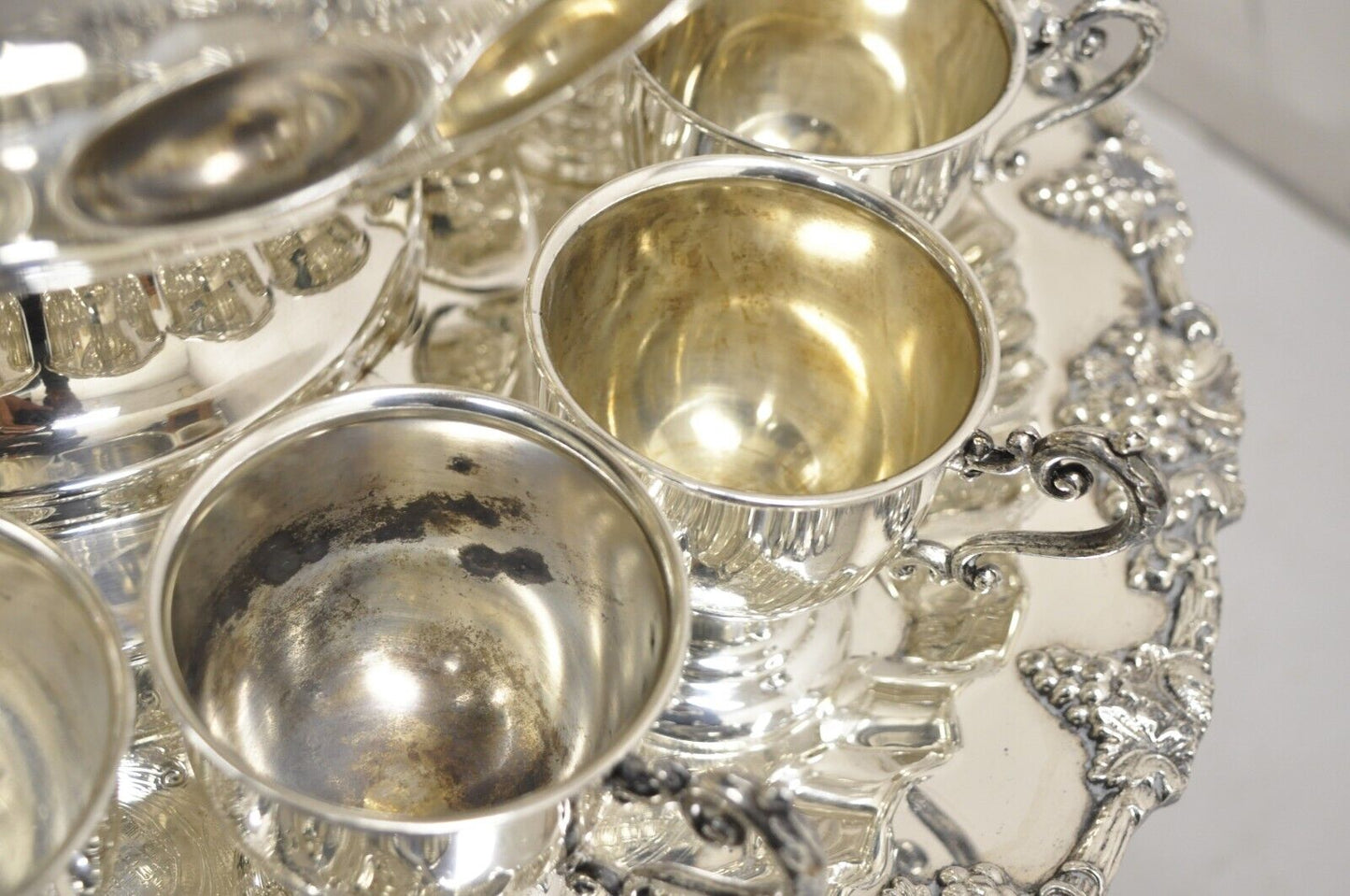 Vintage Victorian Style Silver Plated Grapevine Punch Bowl Set 12 Cups - 15 pcs