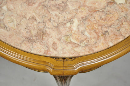 French Provincial Hollywood Regency Round Pink Marble Top Side Tables - a Pair