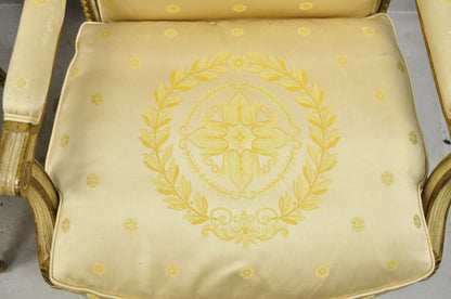 Pair French Louis XVI Neoclassical Gold Silk Fauteuil Parcel Gilt Arm Chairs