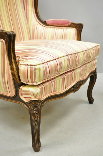 Vintage W & J Sloane French Louis XV Style Wingback Lounge Arm Chairs - a Pair