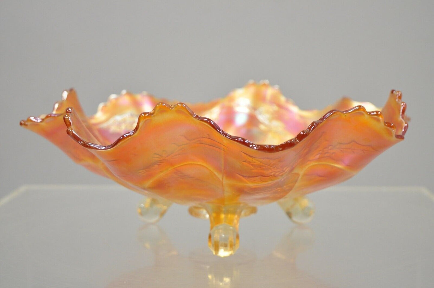 Ruffled Edge Fenton Stag & Holly Carnival Glass Footed Marigold Bowl 11" (A)