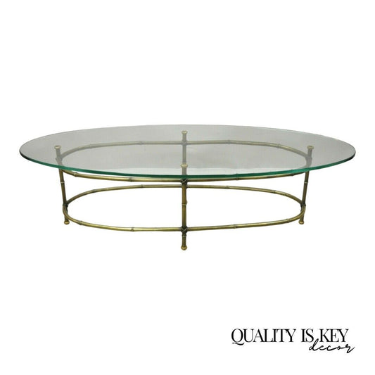 Vintage Hollywood Regency Brass Faux Bamboo Oval Glass Top Italian Coffee Table