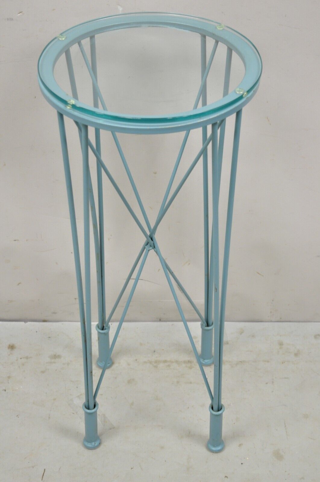 Modern Directoire Style Blue Skyscraper Glass Top Pedestal Stand Side Table