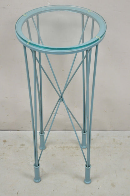 Modern Directoire Style Blue Skyscraper Glass Top Pedestal Stand Side Table