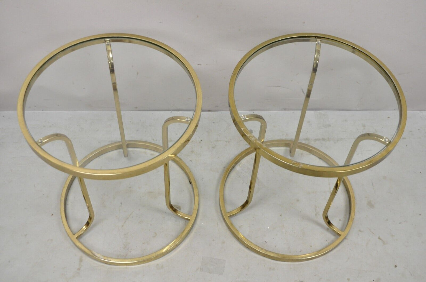 Vintage Mid Century Gold Brass Metal Baughman Style Round Side Tables - a Pair