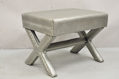 Decorator Hollywood Regency Faux Croc Silver X-Base Nailhead Trim Bench Stool