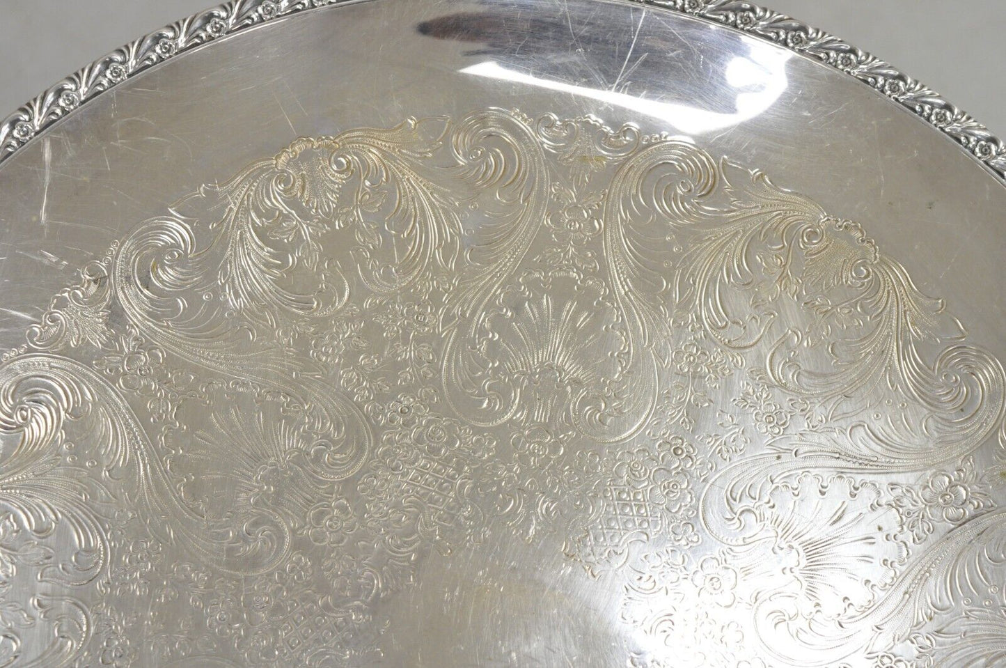 Vintage WM Rogers 767 Victorian Style Round Silver Plated Serving Platter Tray