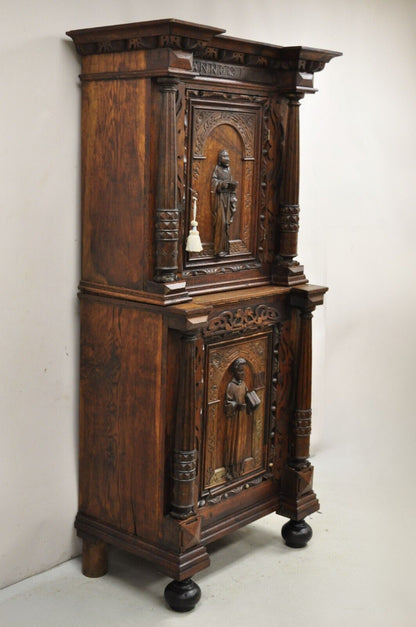 Antique Spanish Renaissance Figural Carved Oak Wood Religious Cupboard Cabinet