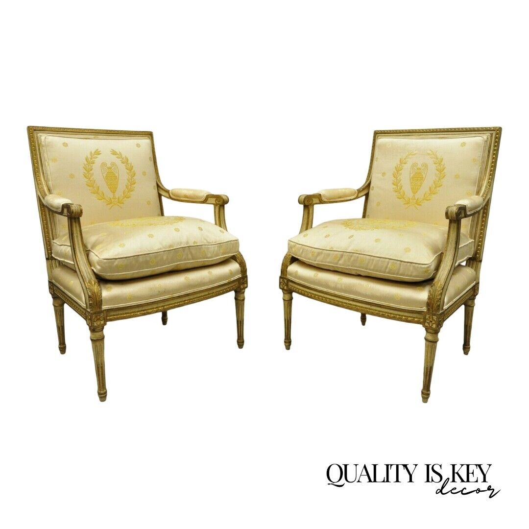 Pair French Louis XVI Neoclassical Gold Silk Fauteuil Parcel Gilt Arm Chairs