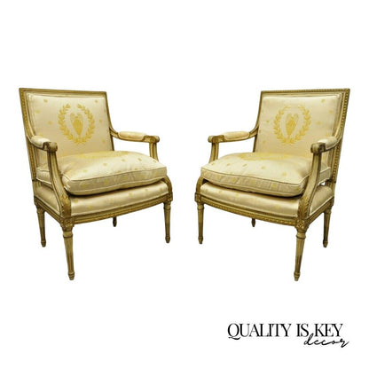 Pair French Louis XVI Neoclassical Gold Silk Fauteuil Parcel Gilt Arm Chairs