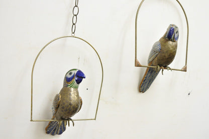 Vintage Sergio Bustamante Brass and Ceramic Perched Parrot Sculpture - a Pair