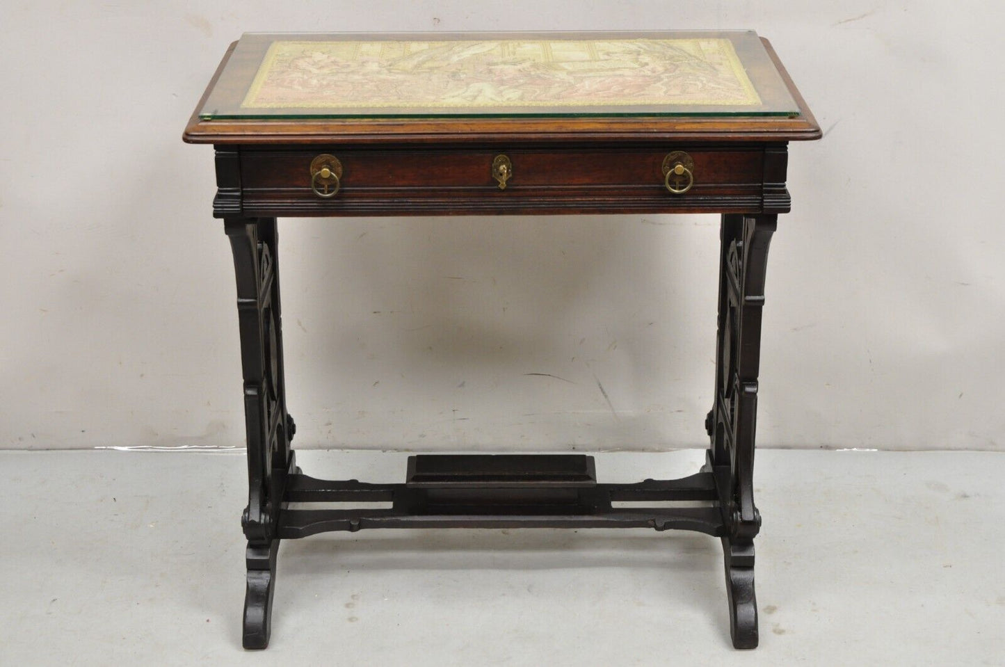 Antique Eastlake Victorian Carved Walnut Small Sewing Stand Tapestry Side Table