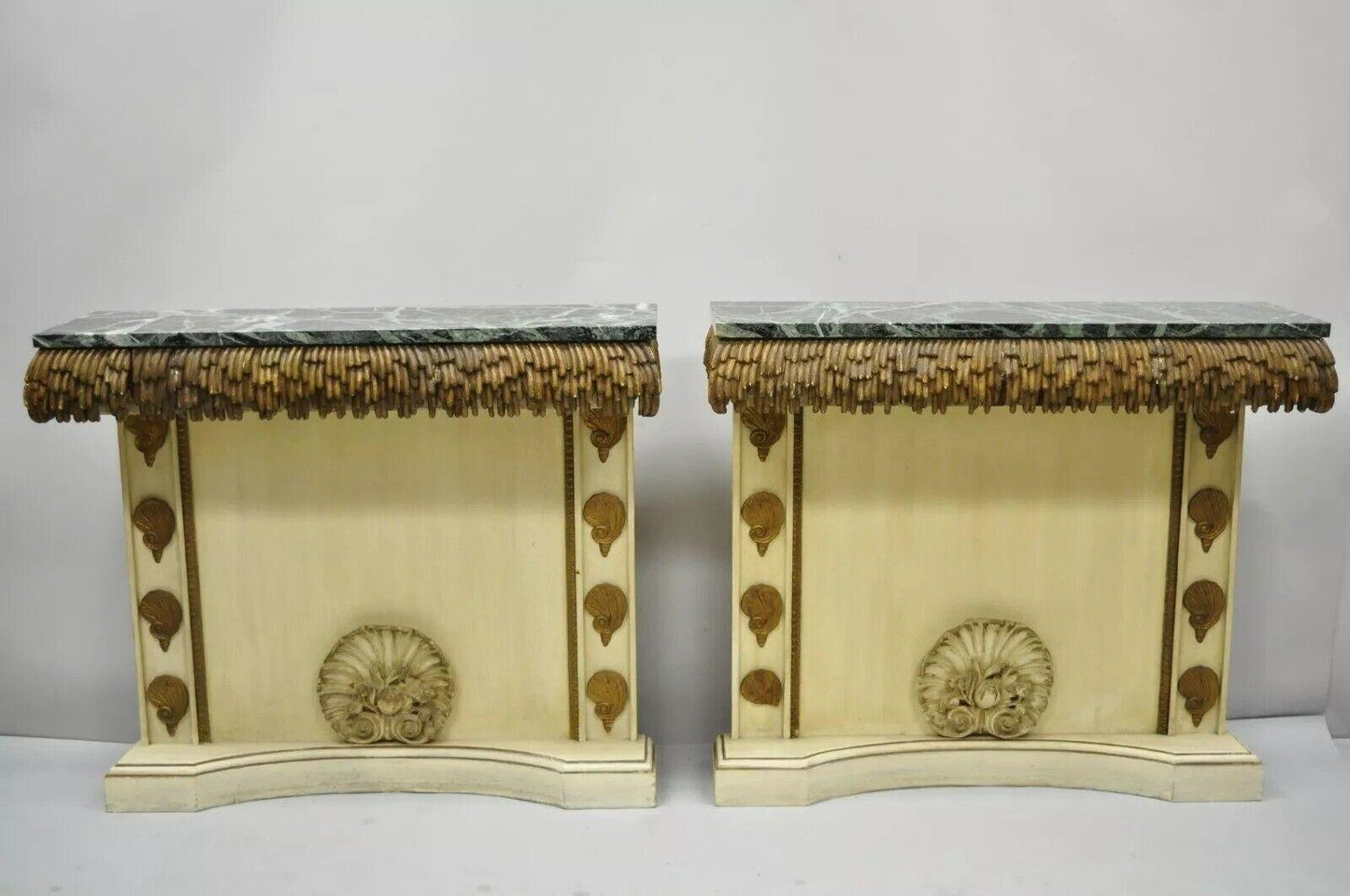 Italian Hollywood Regency Shell Form Grotto Console Hall Table & Mirror - a Pair