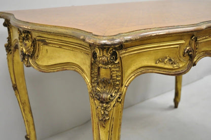 19th C. French Louis XV Style Gold Giltwood Writing Desk w/ Marquetry Inlay Top