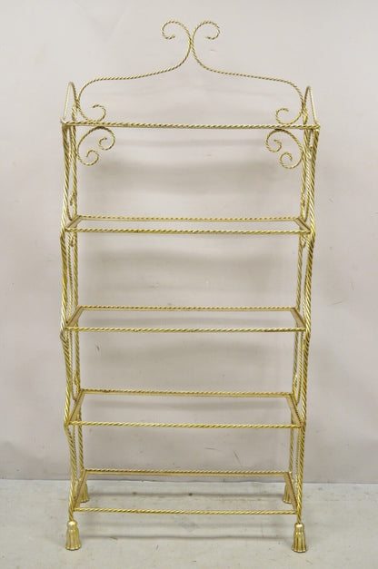 Italian Hollywood Regency Rope Tassel Silver Gold 5 Tier Iron Bakers Rack Shelf