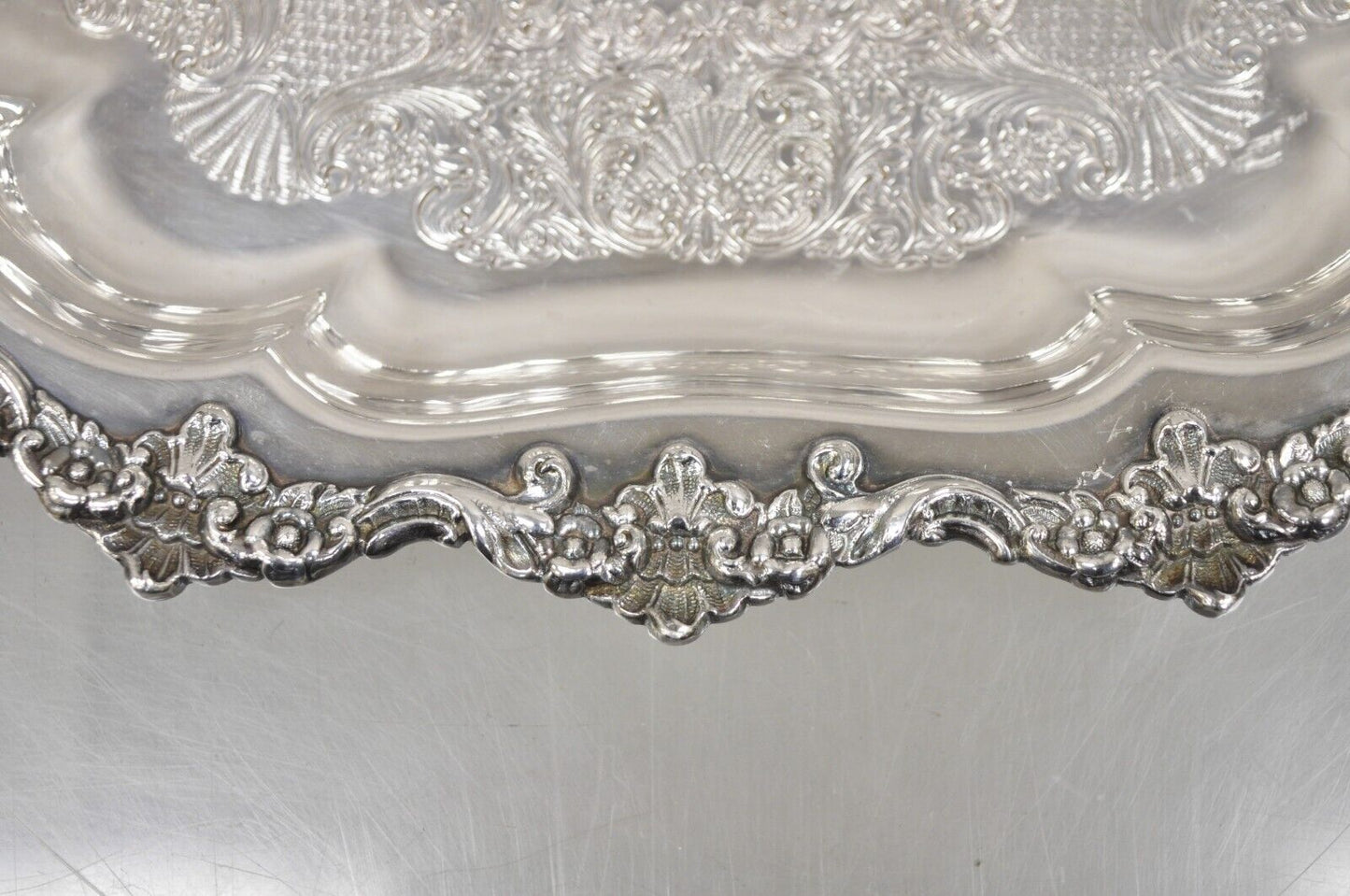 Vintage English Victorian Oval Silver Plated Ornate Scalloped Trinket Dish Tray