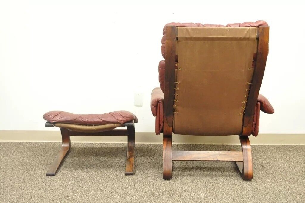 Rybo Rykken Mid Century Modern Rosewood Leather Kengu Lounge Chair and Ottoman