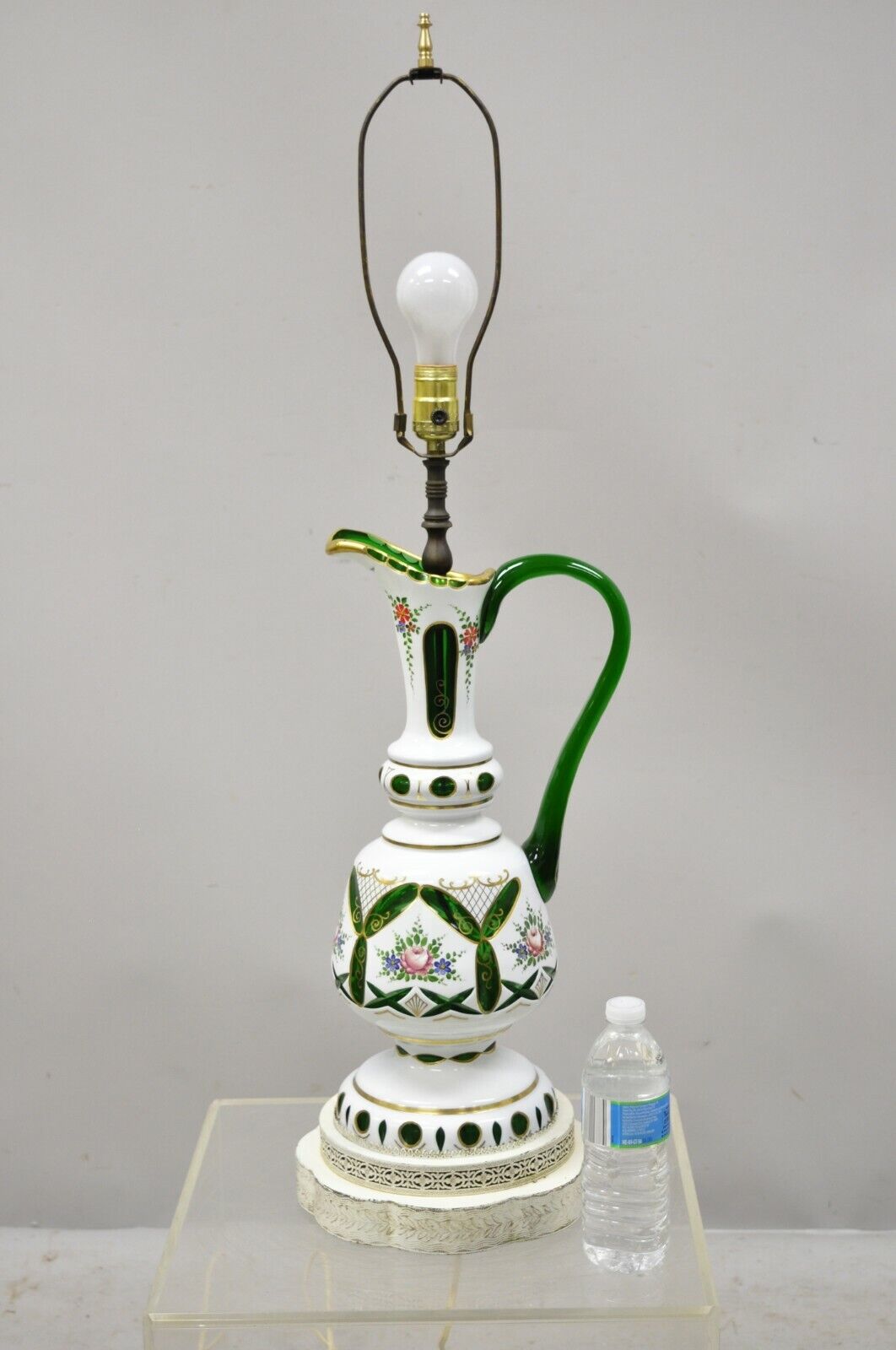 Antique Bohemian Czech Case Glass Green White Urn Ewer Table Lamp