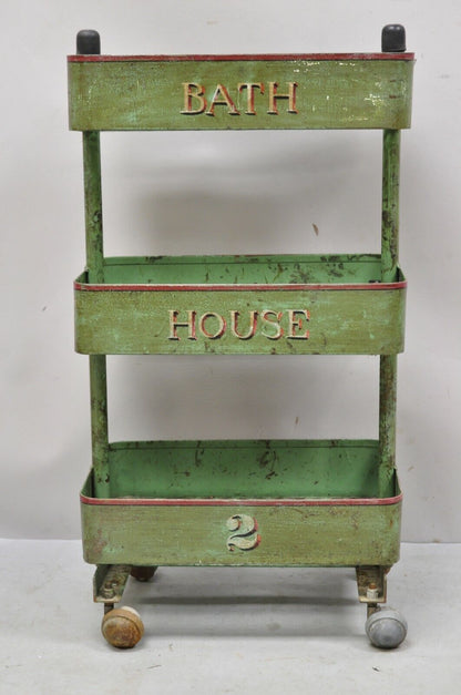 Antique "Bath House 2" Green Painted Metal 3 Tier Rolling Bathroom Trolley Cart